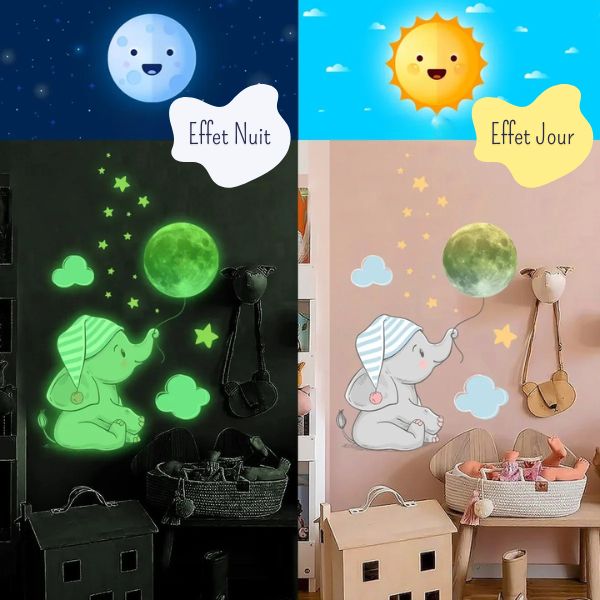 Éléphanteau lumineux, autocollant mural pour ambiance réconfortante
