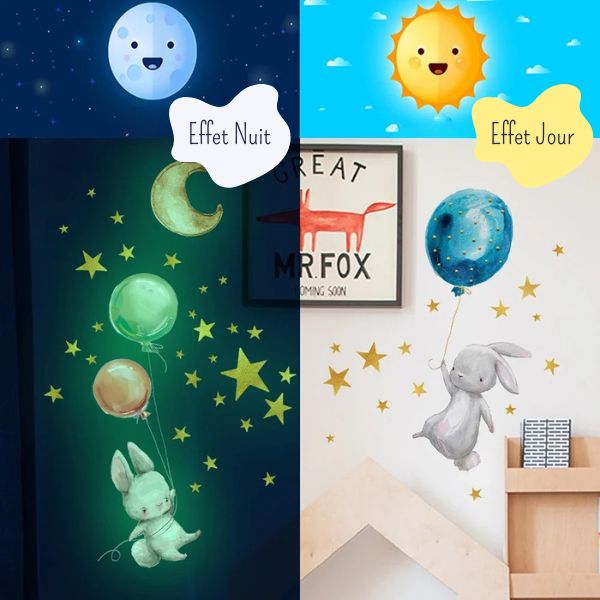 Sticker phosphorescent lapin rêveur, décoration murale pour chambre