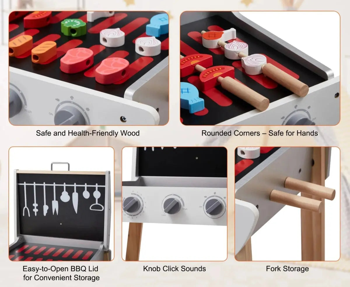 Enfant jouant avec le grill en bois et accessoires