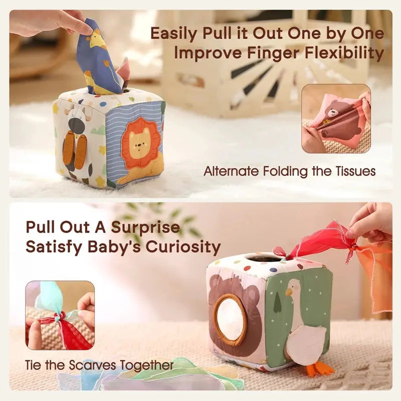Boîte sensorielle en tissu avec motifs colorés pour bébés