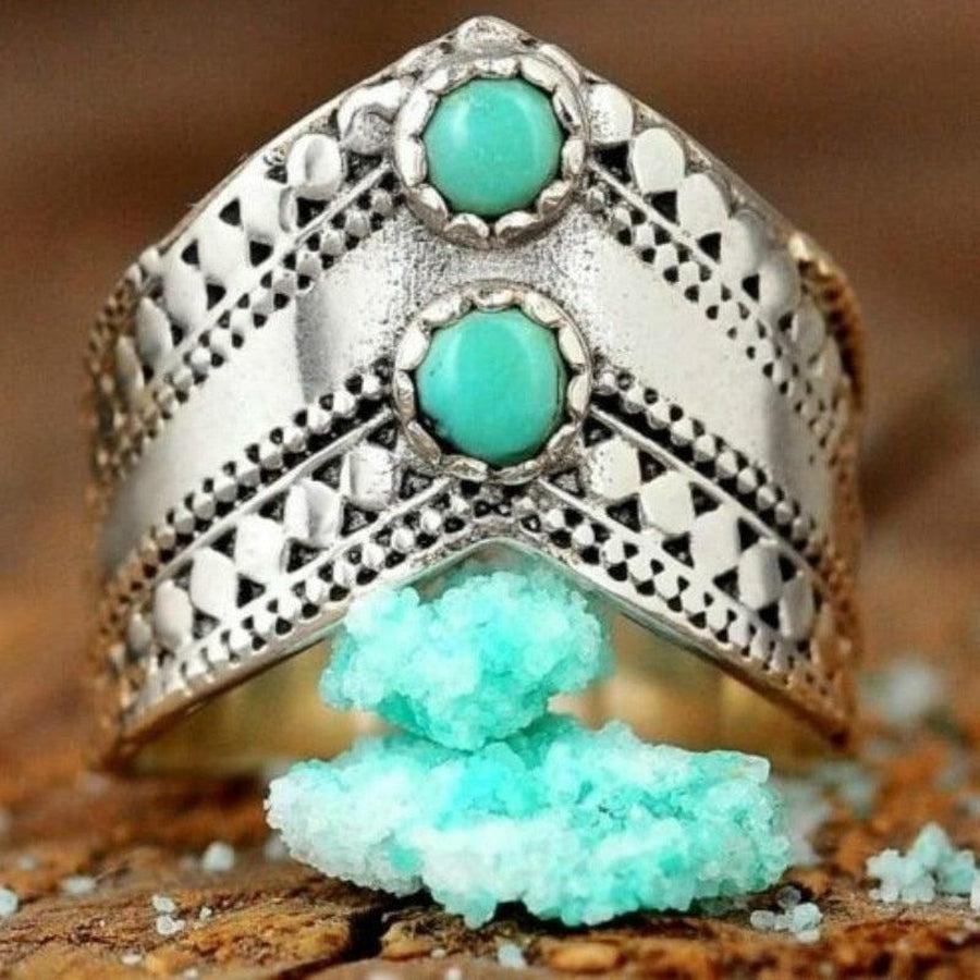 Bague en argent avec double cabochon turquoise vue de face