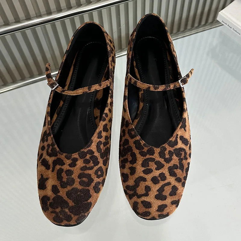 Ballerines léopard posées sur un fond neutre