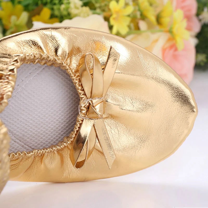 Ballerines pliables dorées avec nœud décoratif sur le dessus