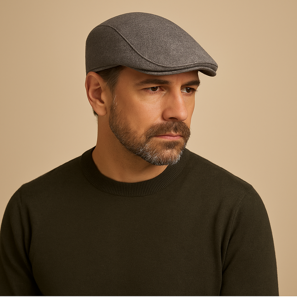 Béret homme gris avec texture douce, posé à plat