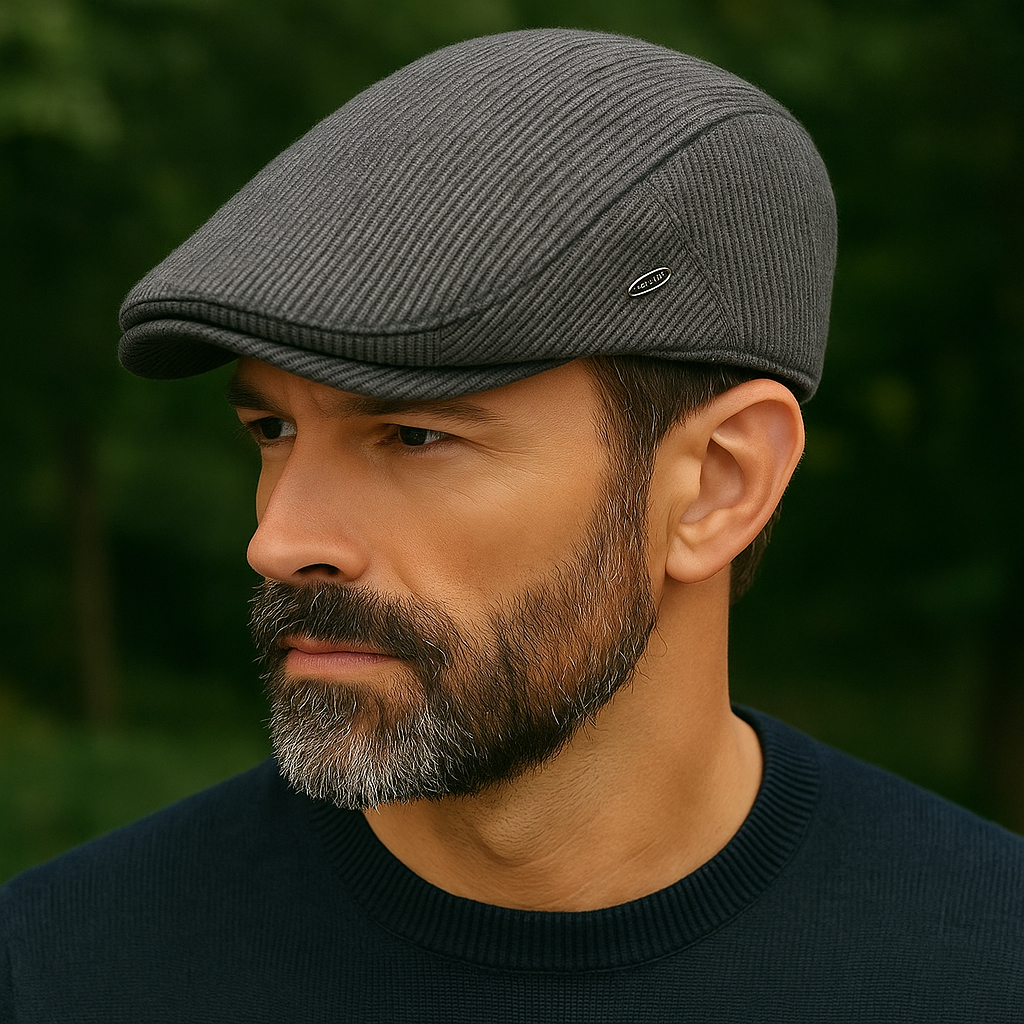 Béret en laine grise avec texture visible, vue de face