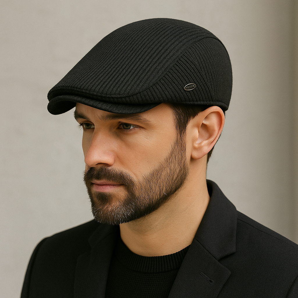 Béret noir en laine texturée, posé sur une surface
