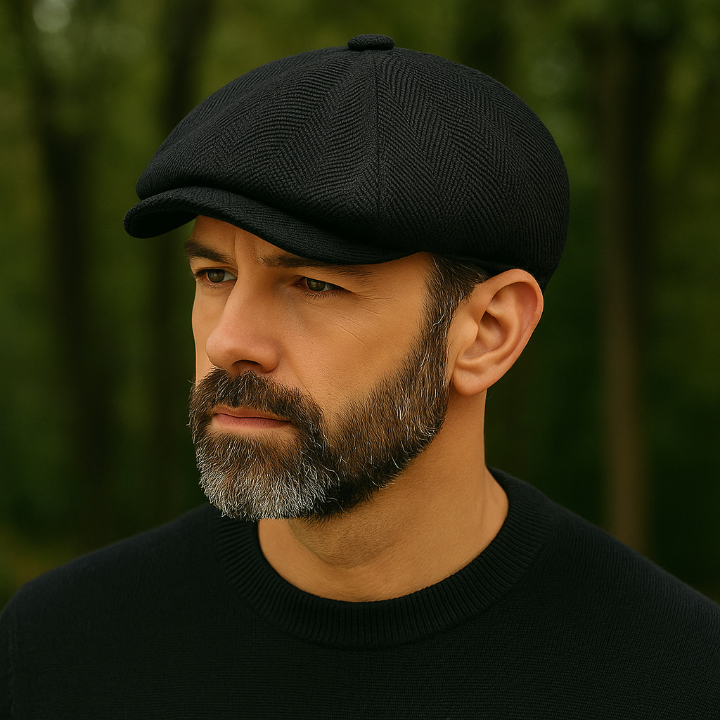 Casquette Gavroche noire élégante avec bouton central