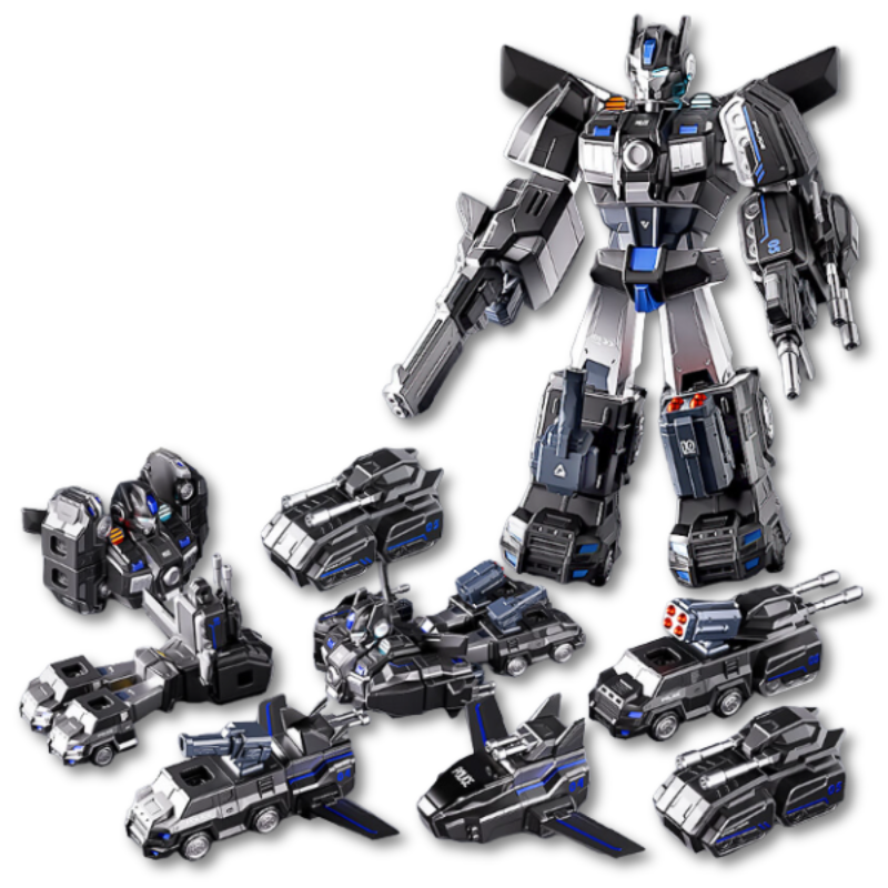 Robot noir avec articulations visibles et armes portatives