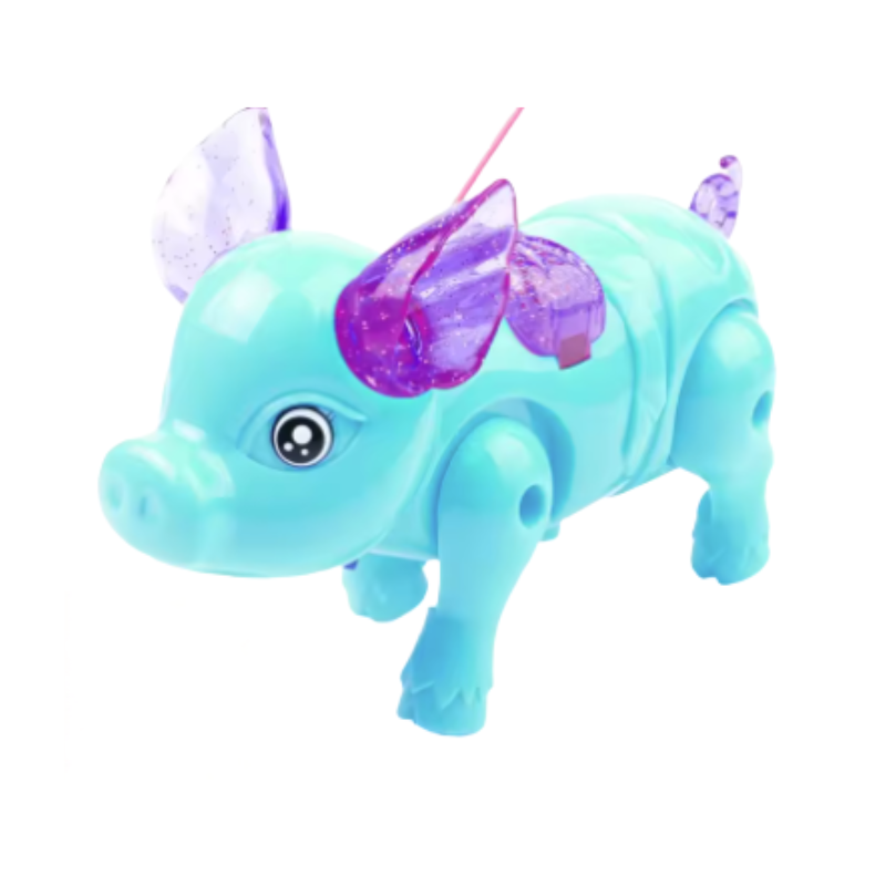 Cochon musical bleu en plastique, vue de profil