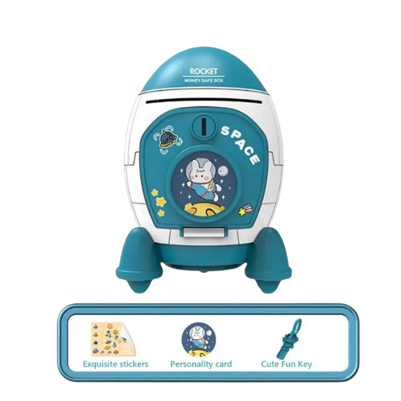 Tirelire fusée en ABS de couleur bleue pour enfants