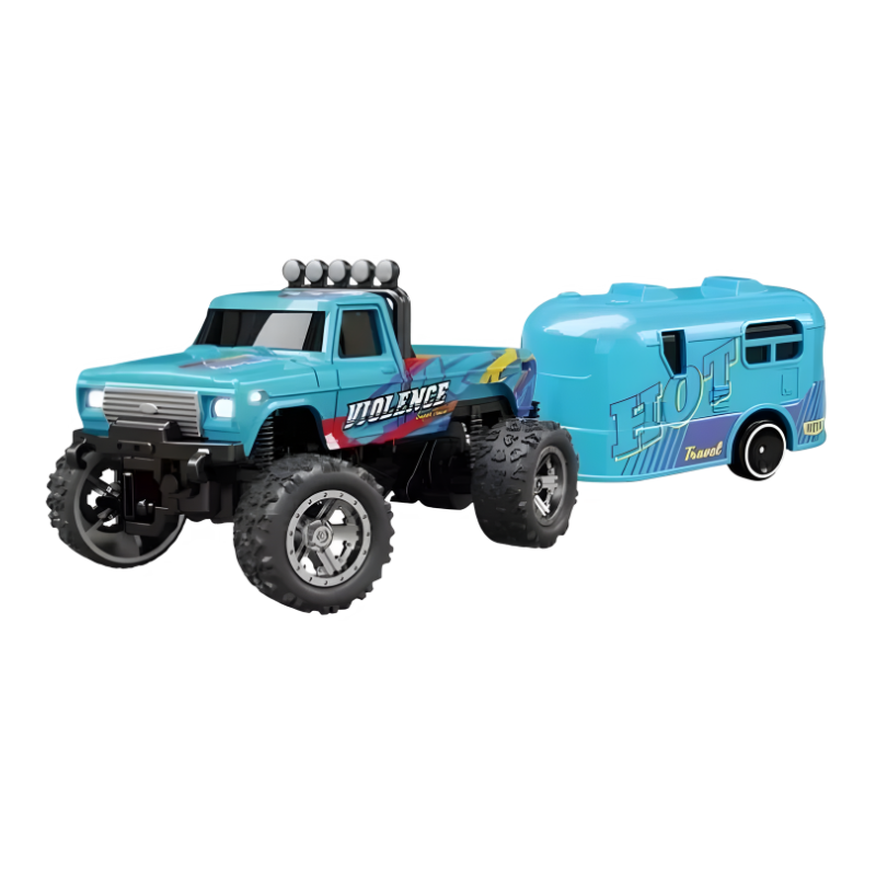 Mini monster truck RC bleu avec remorque, sur fond blanc