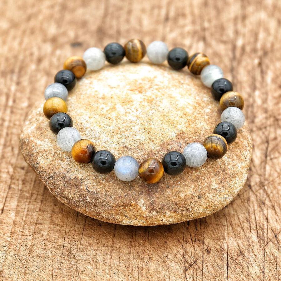 Gros plan sur les perles de labradorite et obsidienne du bracelet