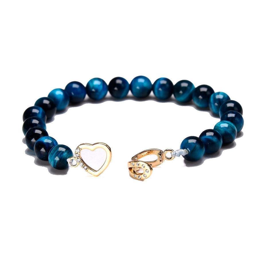 Bracelet en Œil de tigre bleu avec cœur et fer à cheval