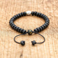Bracelet en Onyx noir mat avec perles gravées argentées