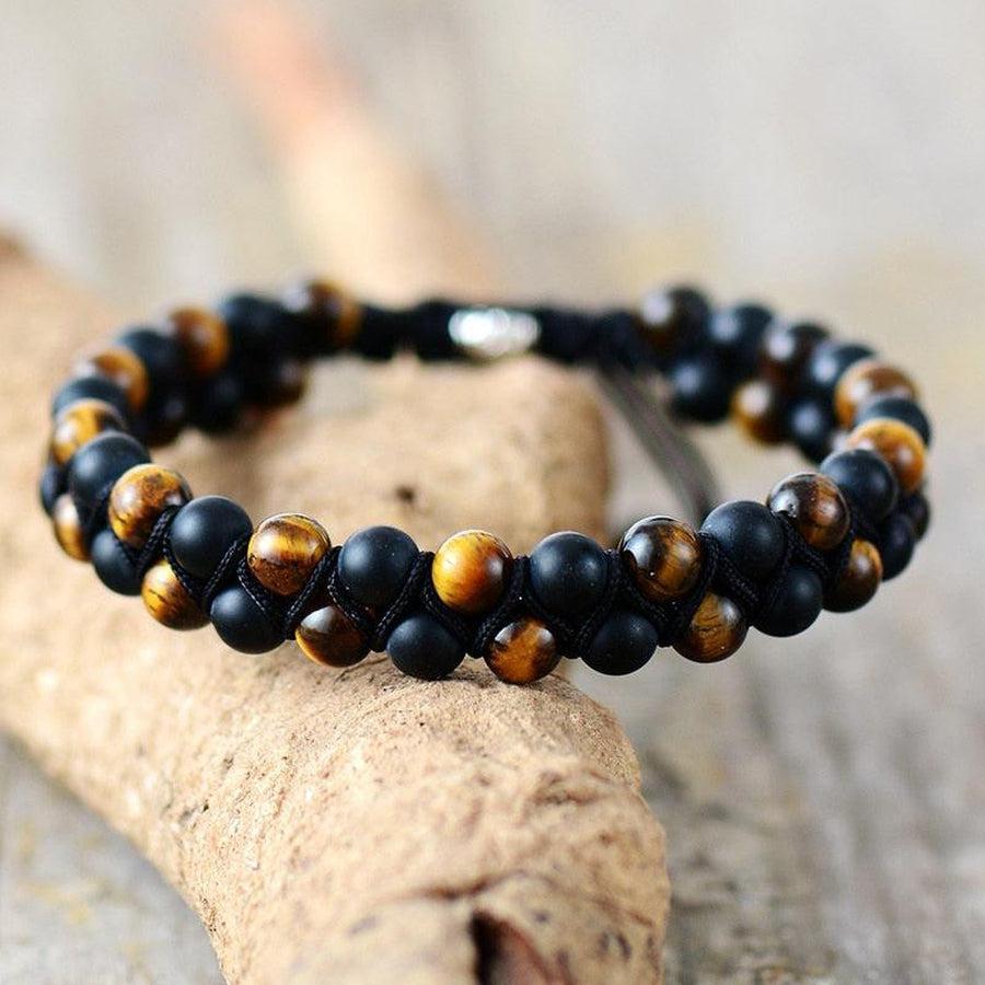 Bracelet ajustable en cordon macramé noir avec pierres protectrices