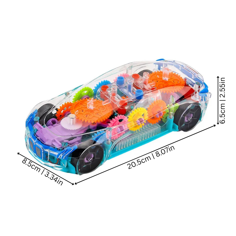 Voiture sensorielle transparente avec lumières et roues colorées