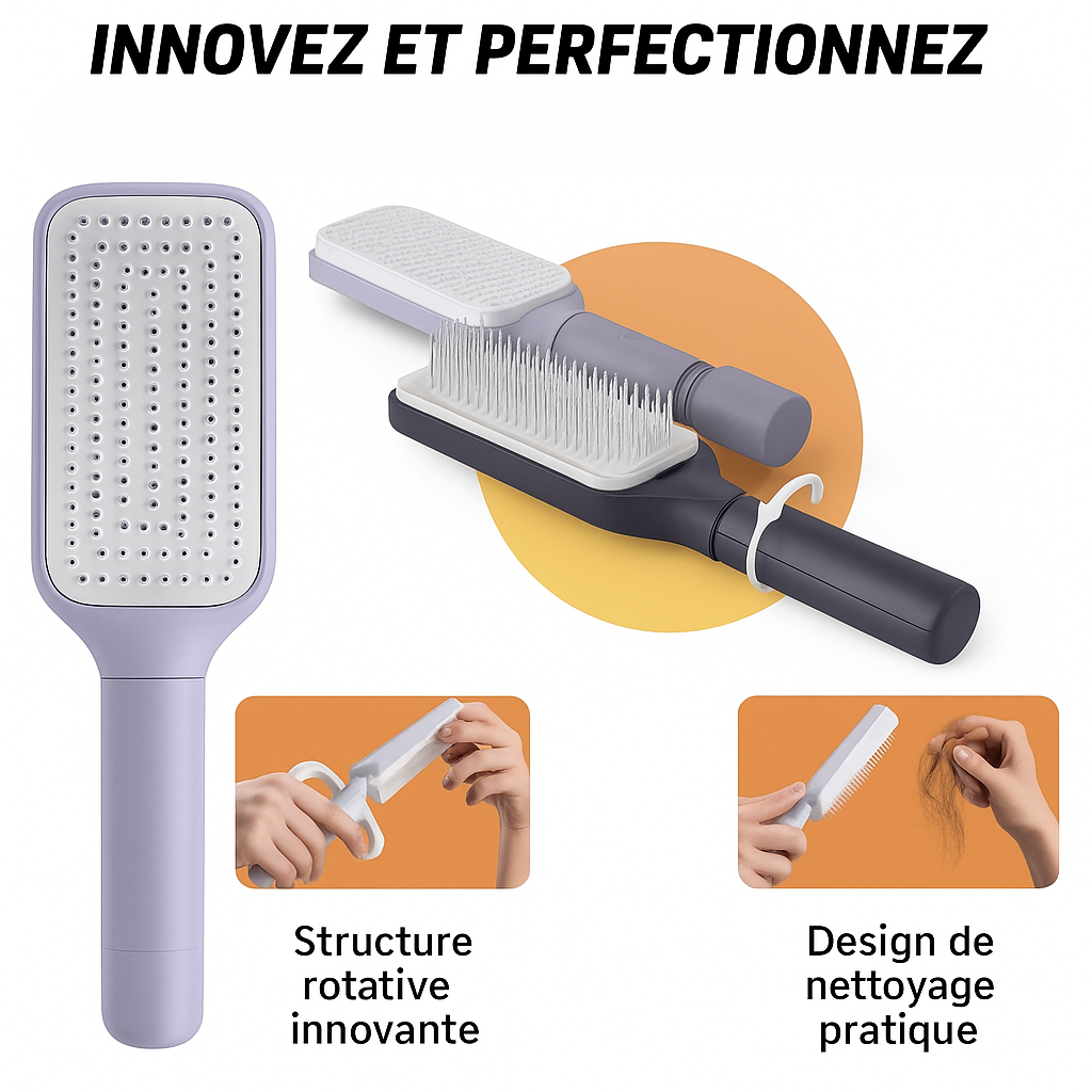 Brosse à cheveux avec système autonettoyant en action