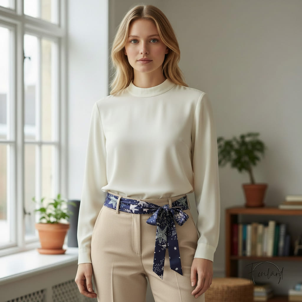 Ceinture foulard étoilée en satin bleu nuit, vue de face