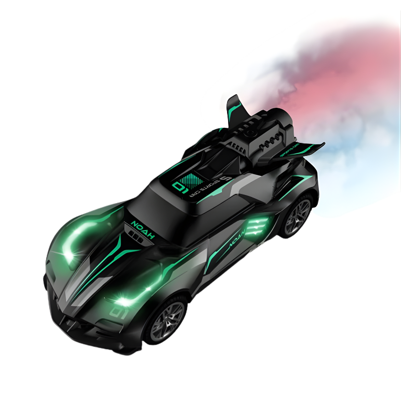 Voiture RC noire en gros plan, phares allumés