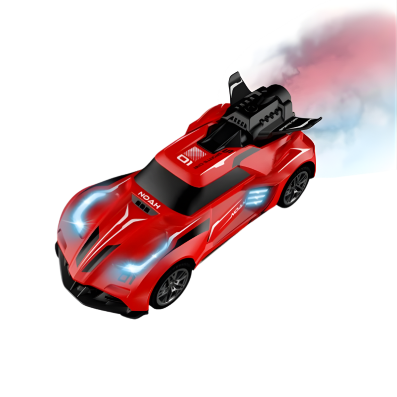 Voiture RC rouge en mouvement, effets de fumée visibles