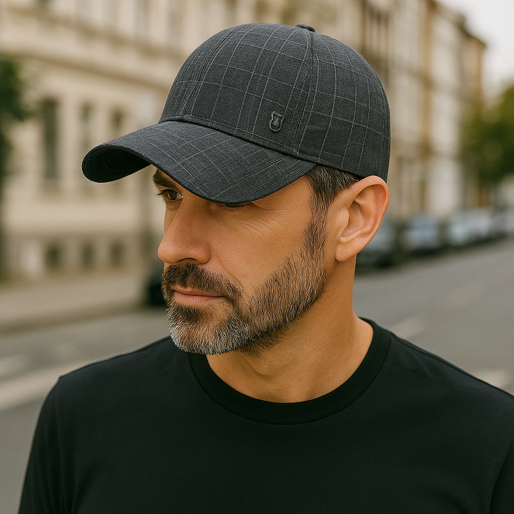 Casquette à carreaux gris avec visière incurvée