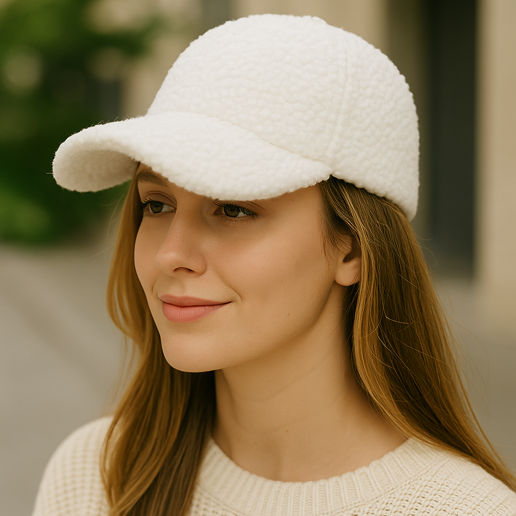 Casquette blanche en polaire douce posée sur une surface claire