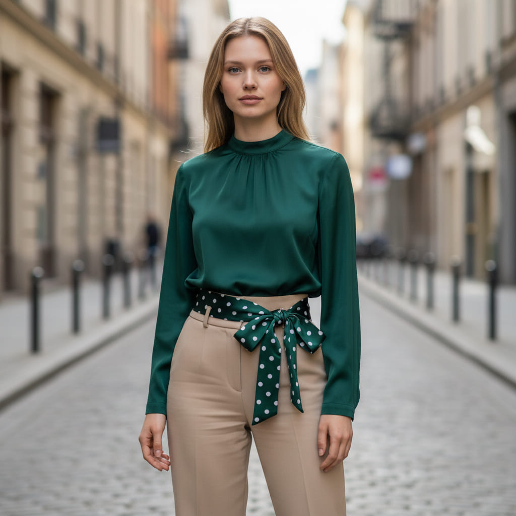 Vue d'ensemble de la ceinture foulard satin vert pois blancs