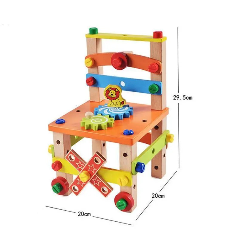 Chaise en bois démontée avec outils Montessori autour