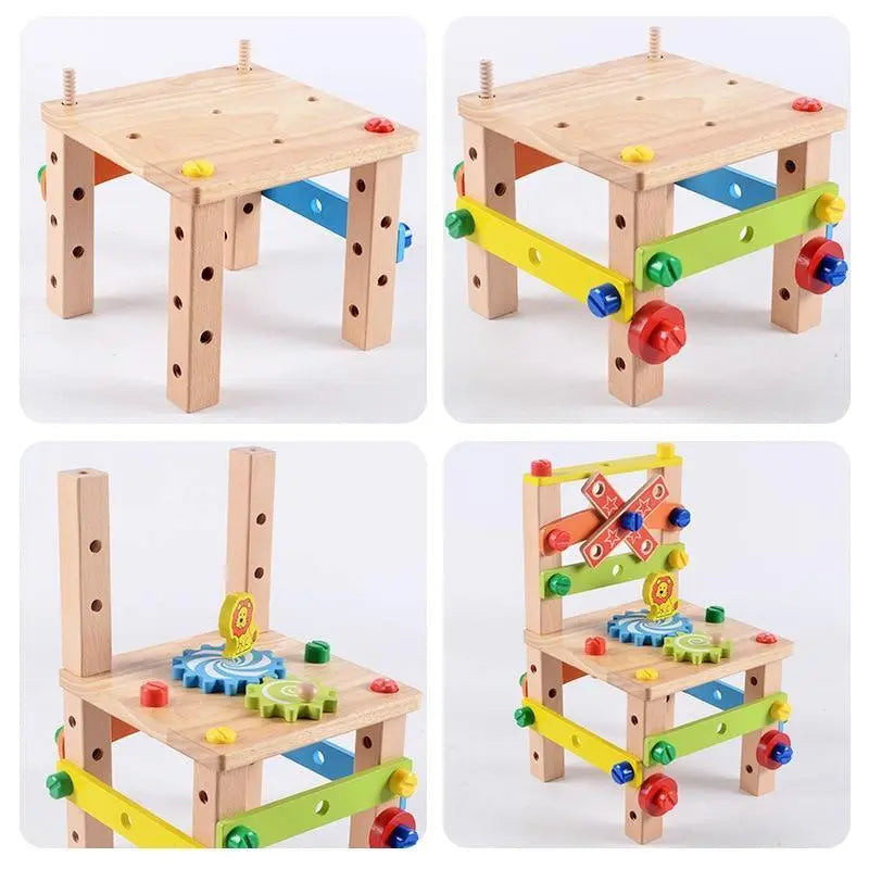Enfant assemblant une chaise Montessori en bois