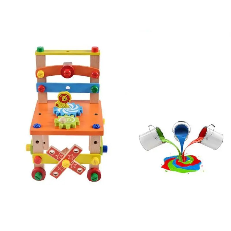 Pièces de chaise en bois sur un tapis coloré