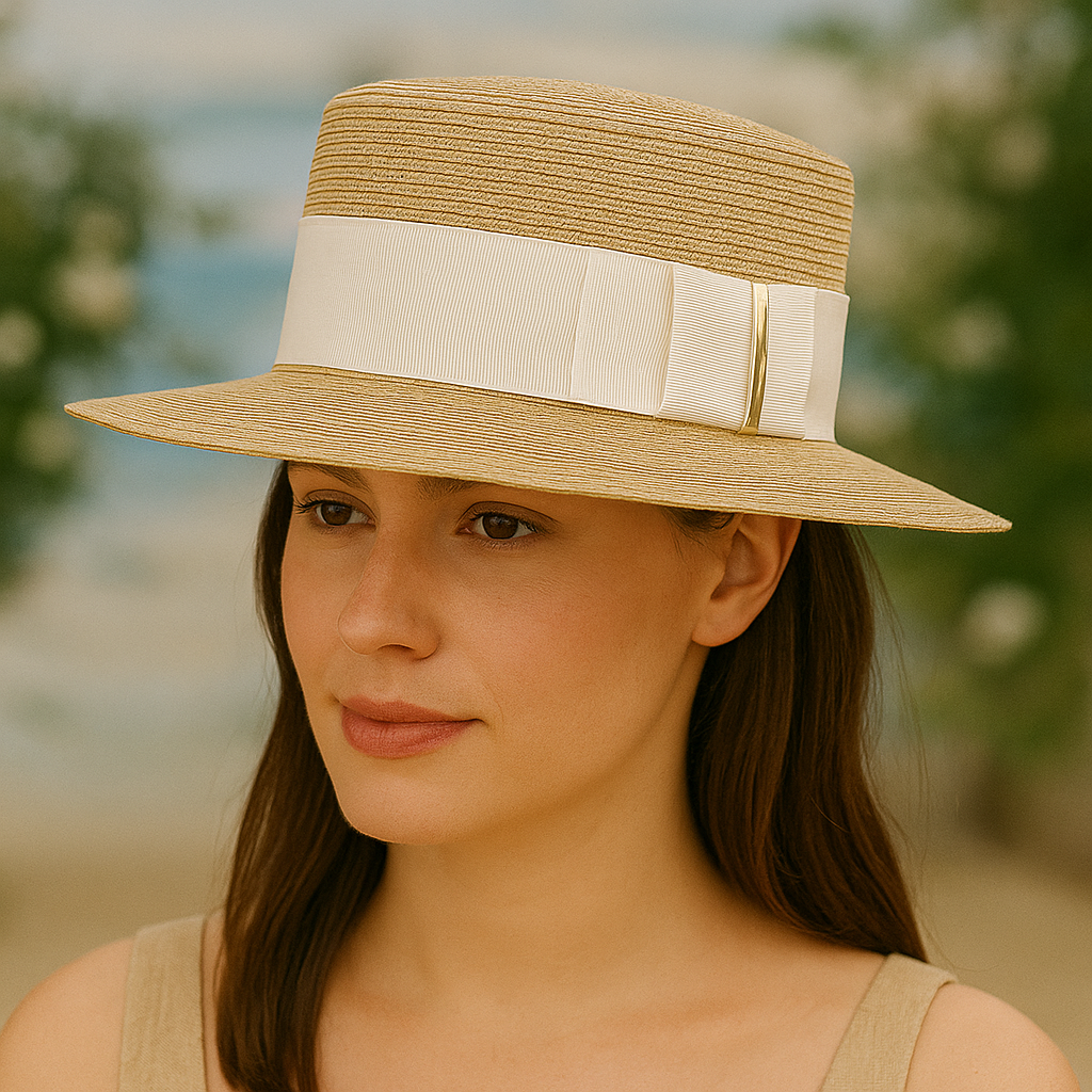 Chapeau canotier en paille blanche avec ruban noir et détail doré