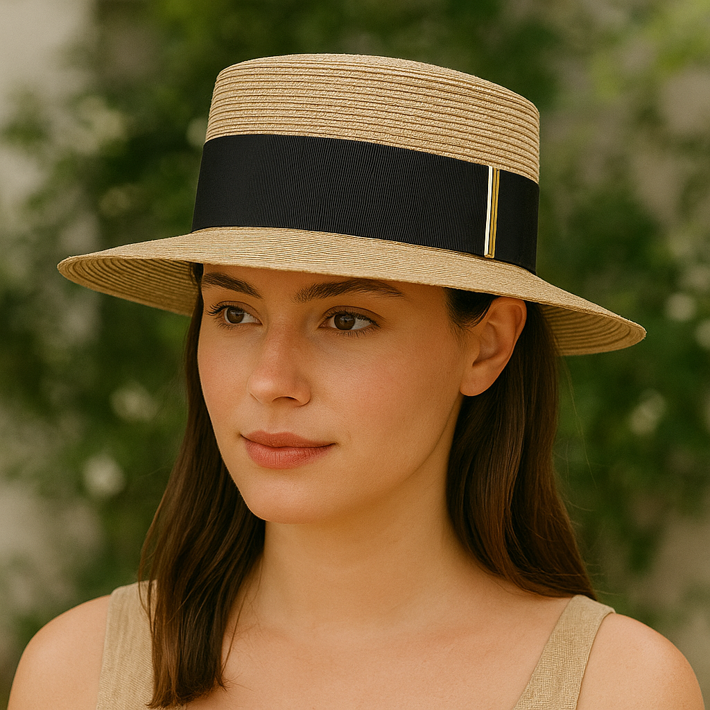Chapeau canotier noir avec ruban et détail doré raffiné