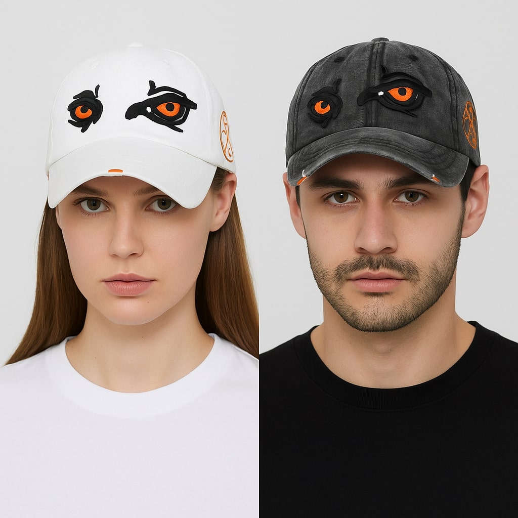 Casquette noire avec yeux brodés en gros plan
