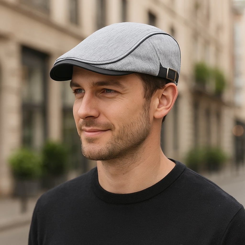 Homme portant un béret en coton léger, vue de profil