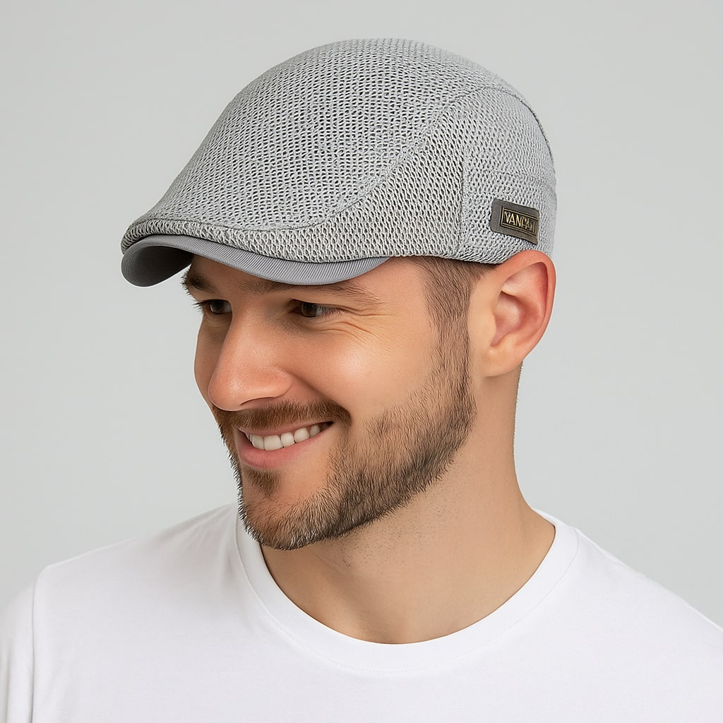 Béret en maille respirante posé sur une table en bois