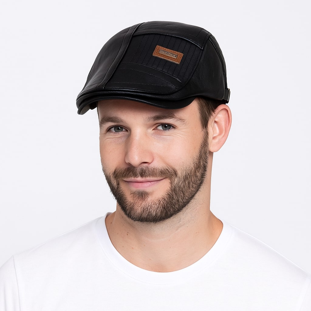 Béret en cuir noir avec détails cousus visibles