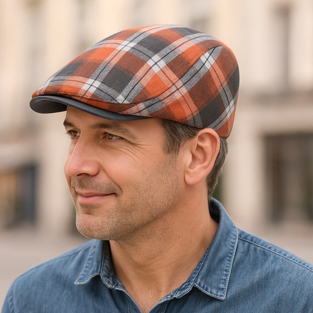 Béret à carreaux tartan sur fond blanc, vue de côté