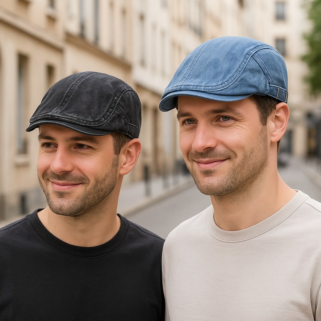 Béret en denim posé sur une surface en bois