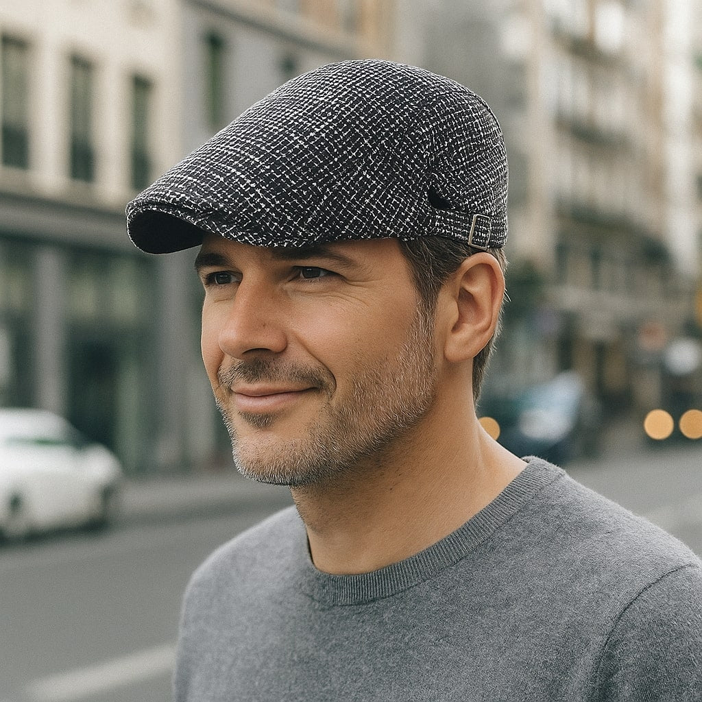Homme portant un béret en lin, style décontracté