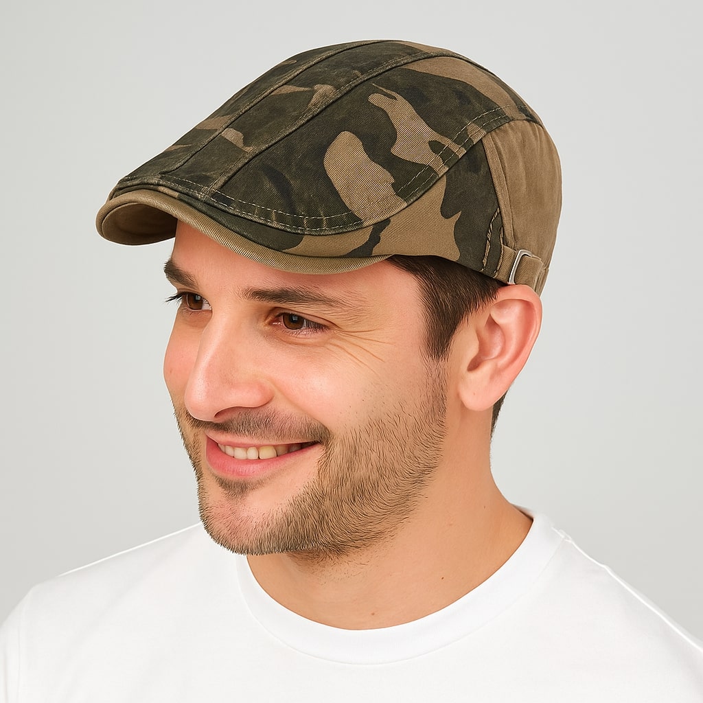 Homme portant un béret camouflage en coton, style urbain