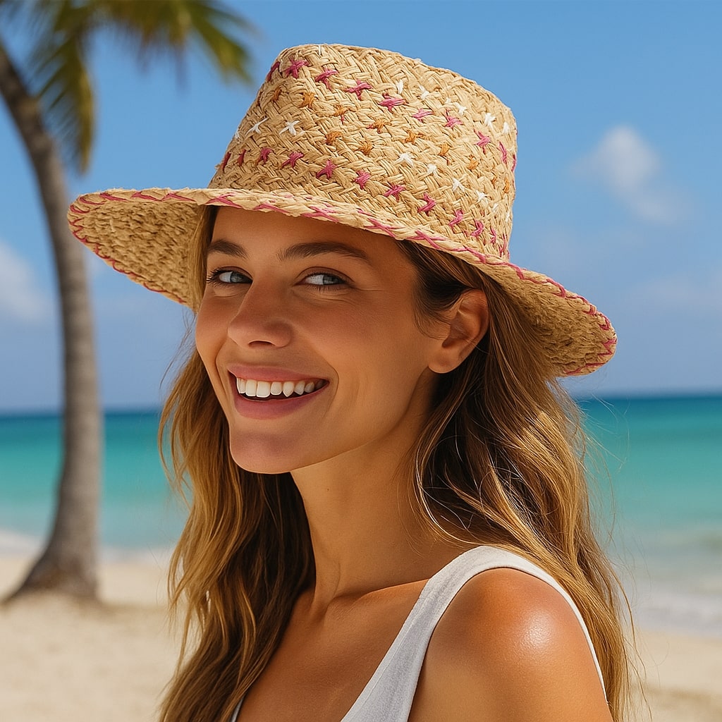 Chapeau de paille avec broderies multicolores en croix
