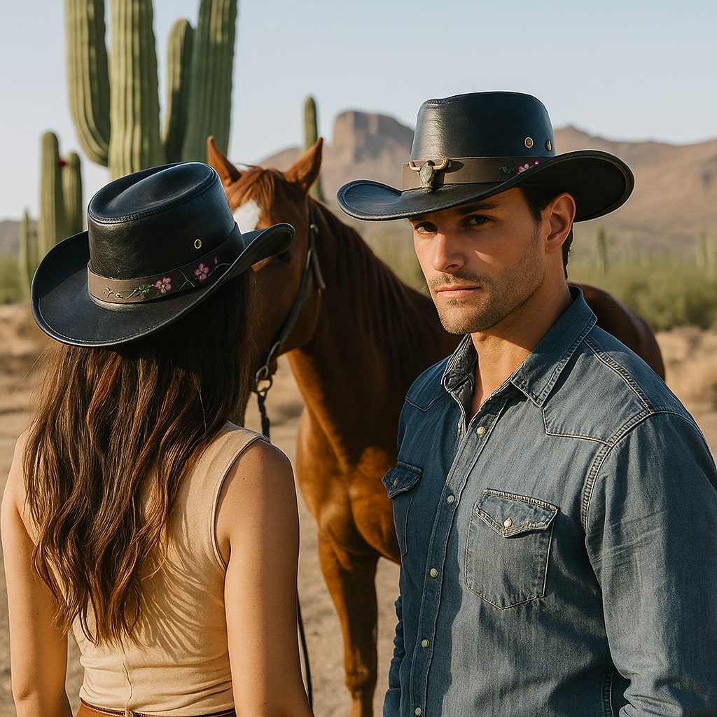 Chapeau cowboy en cuir avec large bordure et cordon décoratif