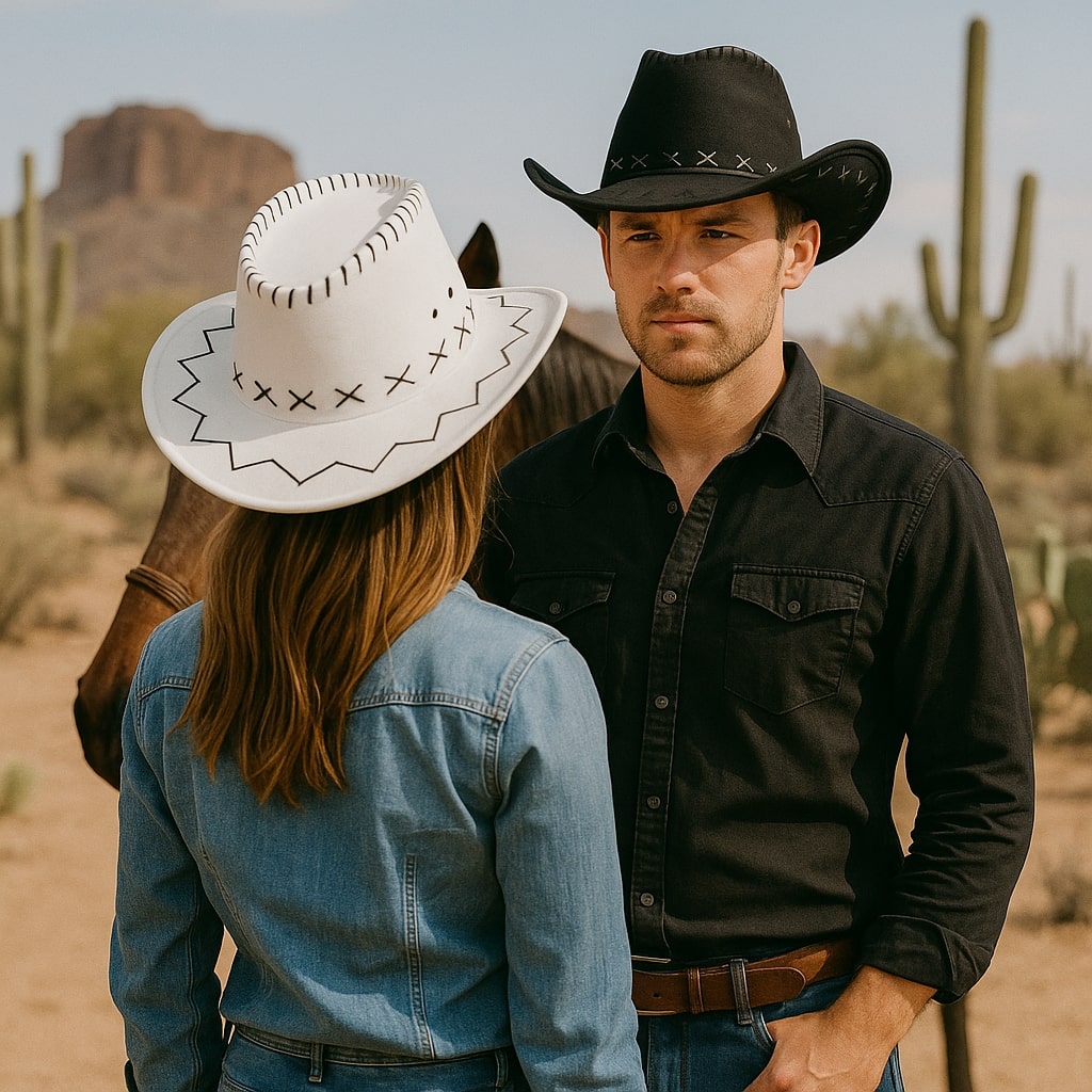 Chapeau cowboy avec large bord et cordon en cuir
