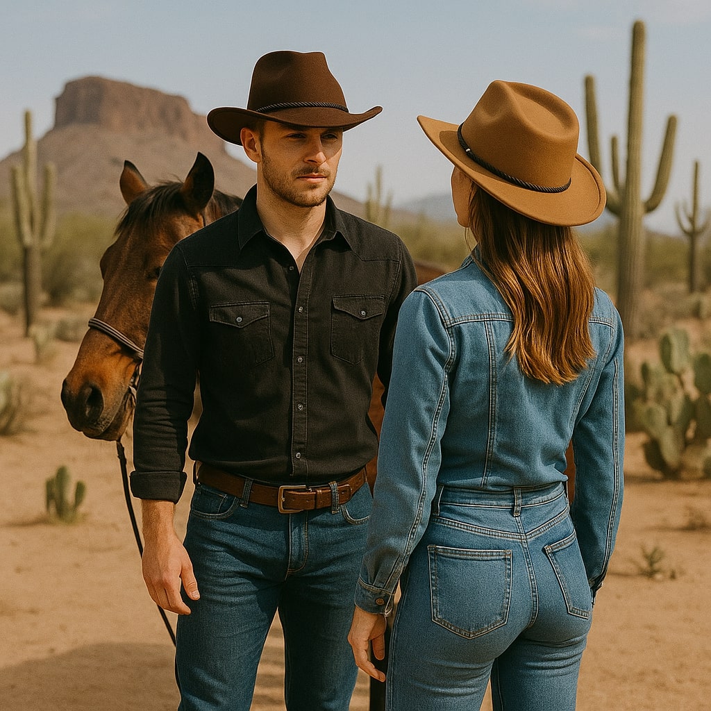 Chapeau cowboy en cuir avec large bordure et cordon