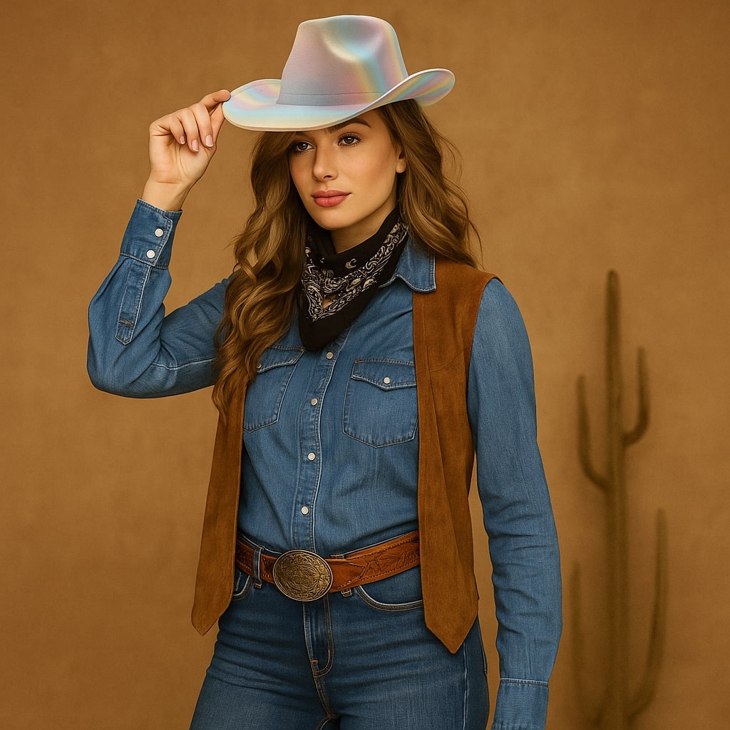 Chapeau cowboy avec large bordure et cordon en cuir