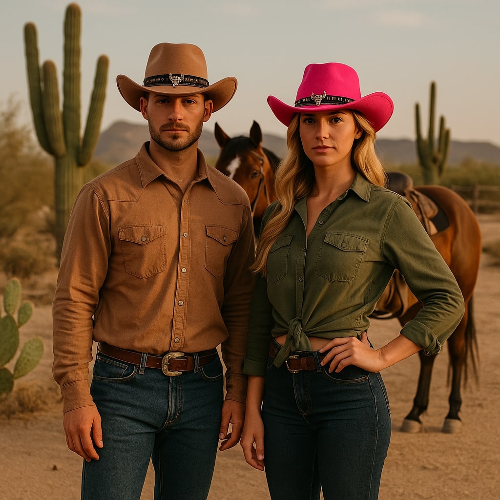 Chapeau cowboy en cuir avec large bordure et cordon