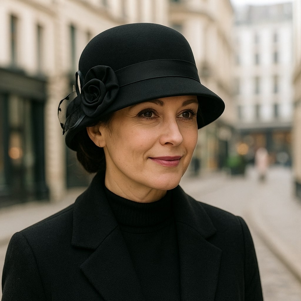 Chapeau cloche en laine beige avec ruban noir élégant