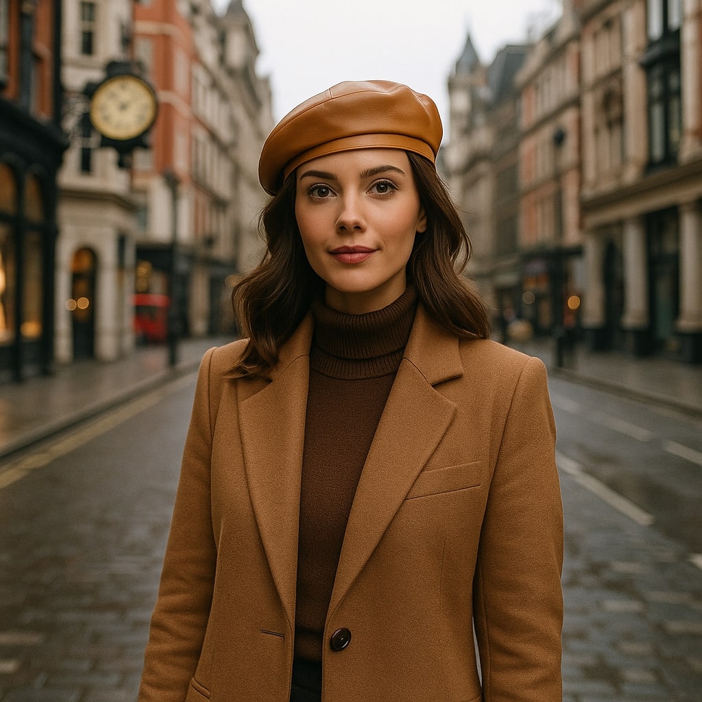 Femme portant un béret en cuir noir élégant