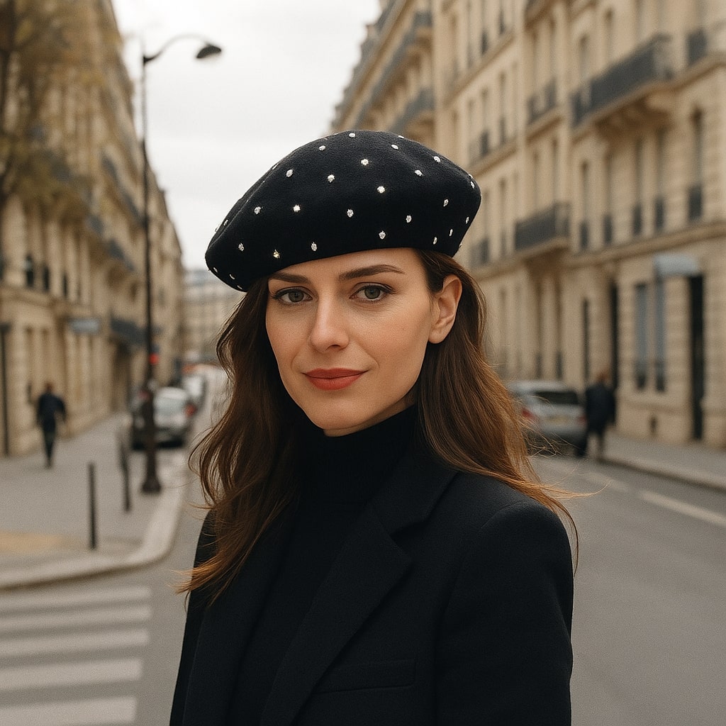 Femme portant un béret élégant, vue de profil
