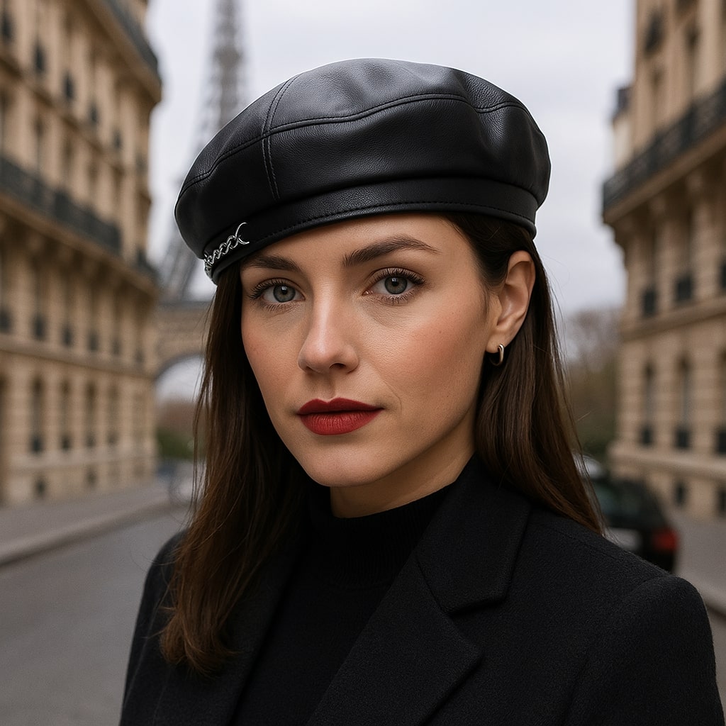 Femme portant un béret en cuir noir élégant